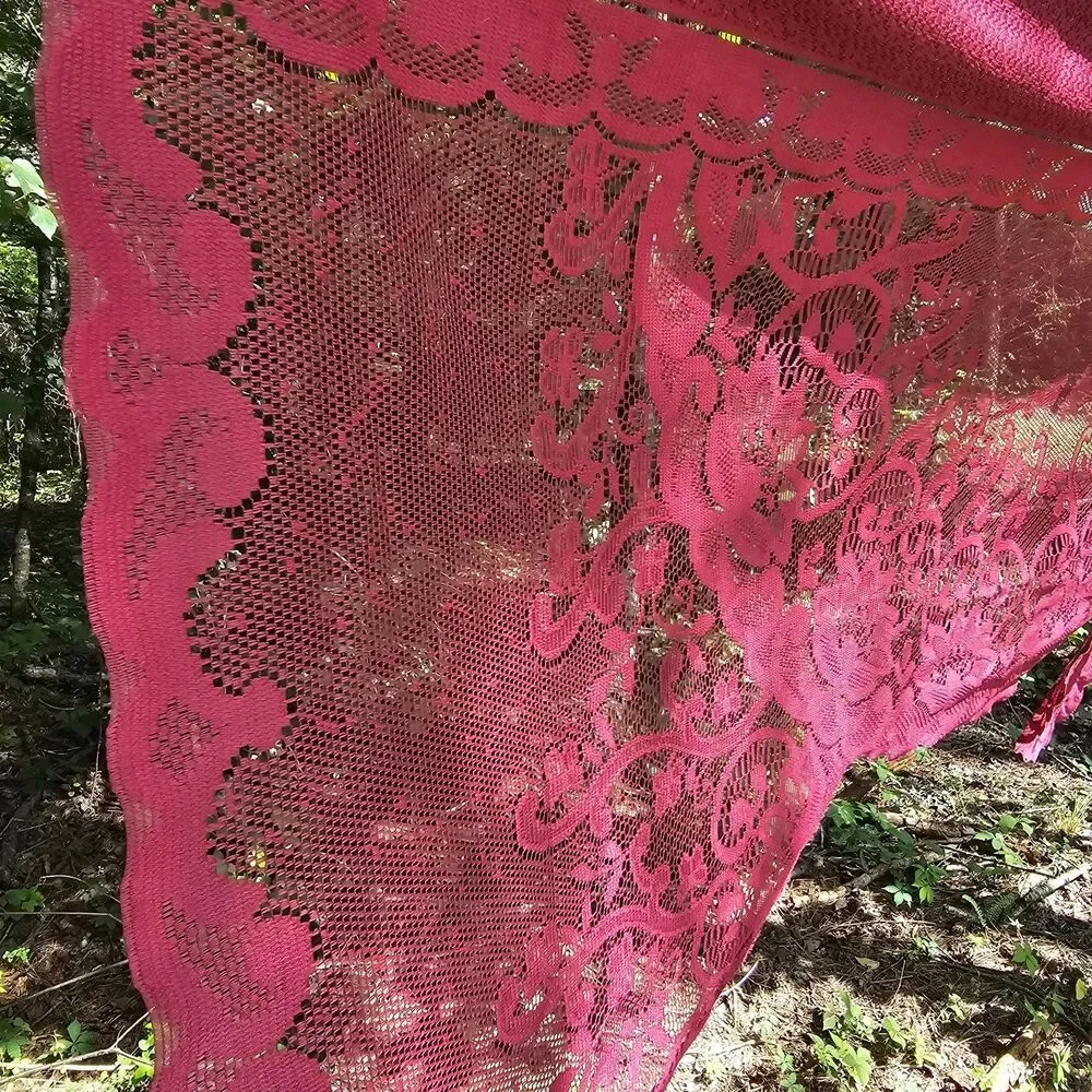 Vintage Cranberry Floral Lace Valance Curtain Panel Cottagecore Shabby Chic